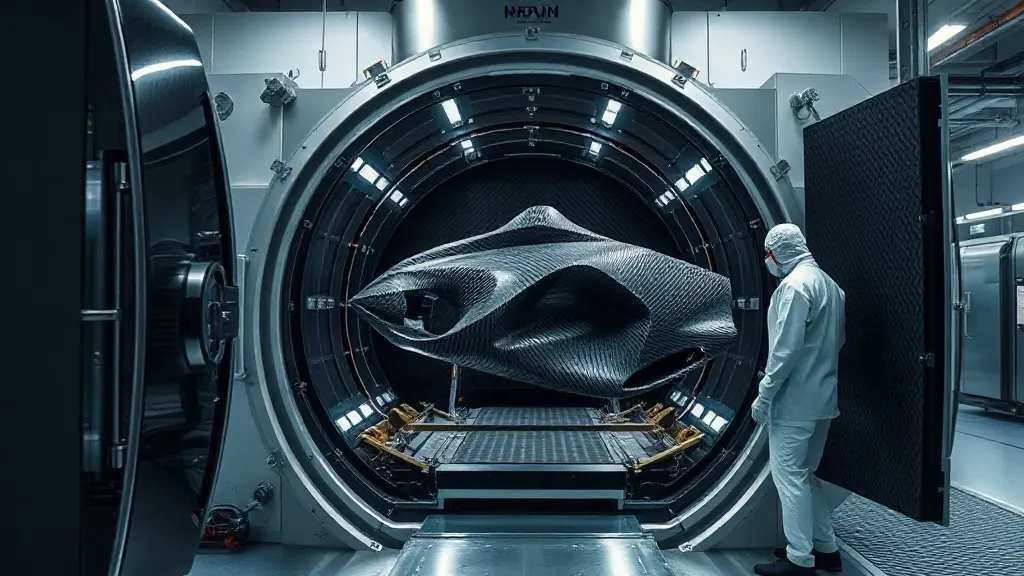 Otoklav öncesi vakum torbalama uygulanan endüstriyel karbon fiber kompozit plaka laminasyonu.