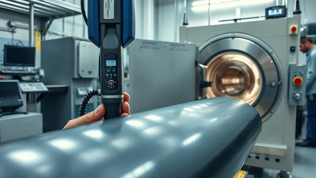 Otoklav içerisinde kürlenen karbon fiber parçanın ultrasonik tahribatsız test ile kalite kontrol muayenesi.