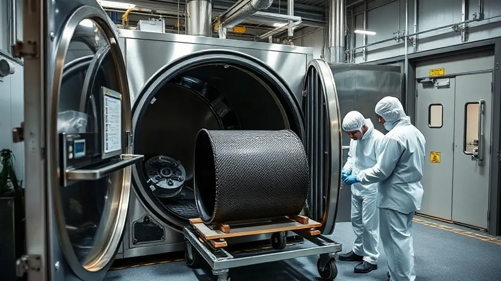 Otoklav fırınında kürlenen karbon fiber havacılık parçası ve kompozit katman serimi